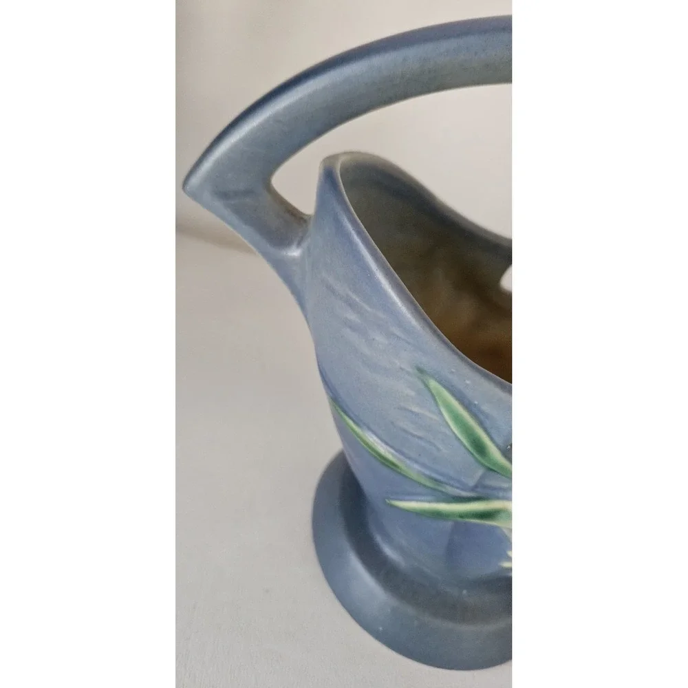 Vintage Roseville Pottery Freesia Blue Pottery Basket Vase 390-7